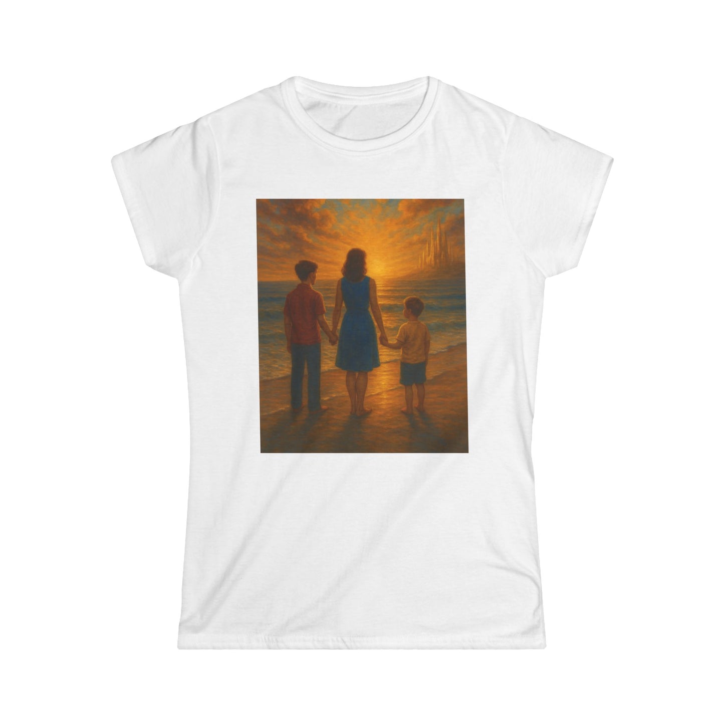 Sunset Family Bonding Women's Softstyle Tee, Nostalgic Shirt for Moms, Perfect for Beach Days, Family Gatherings, & Gifts