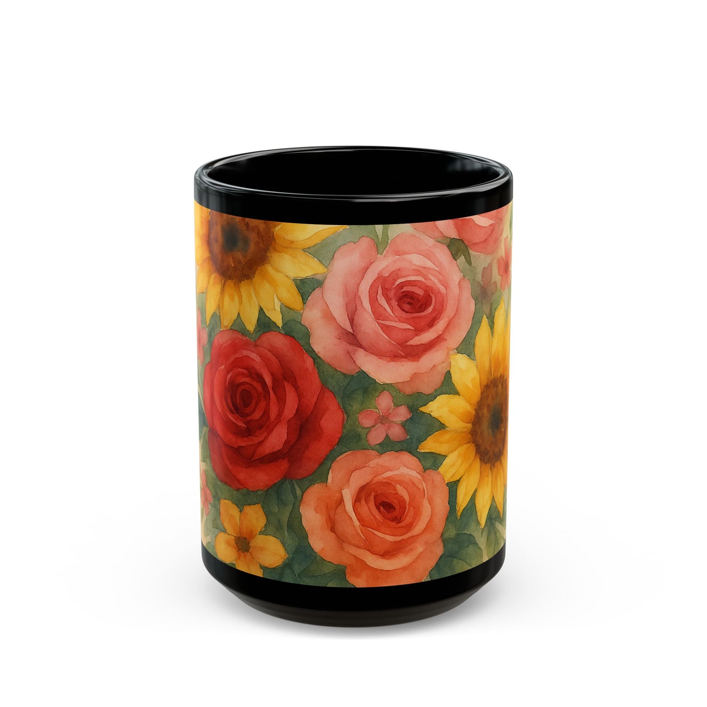 Floral Black Mug - Vibrant Flower Design Coffee Cup, Gift for Garden Lovers, Tea Mug, Spring Birthday Gift, Home Decor