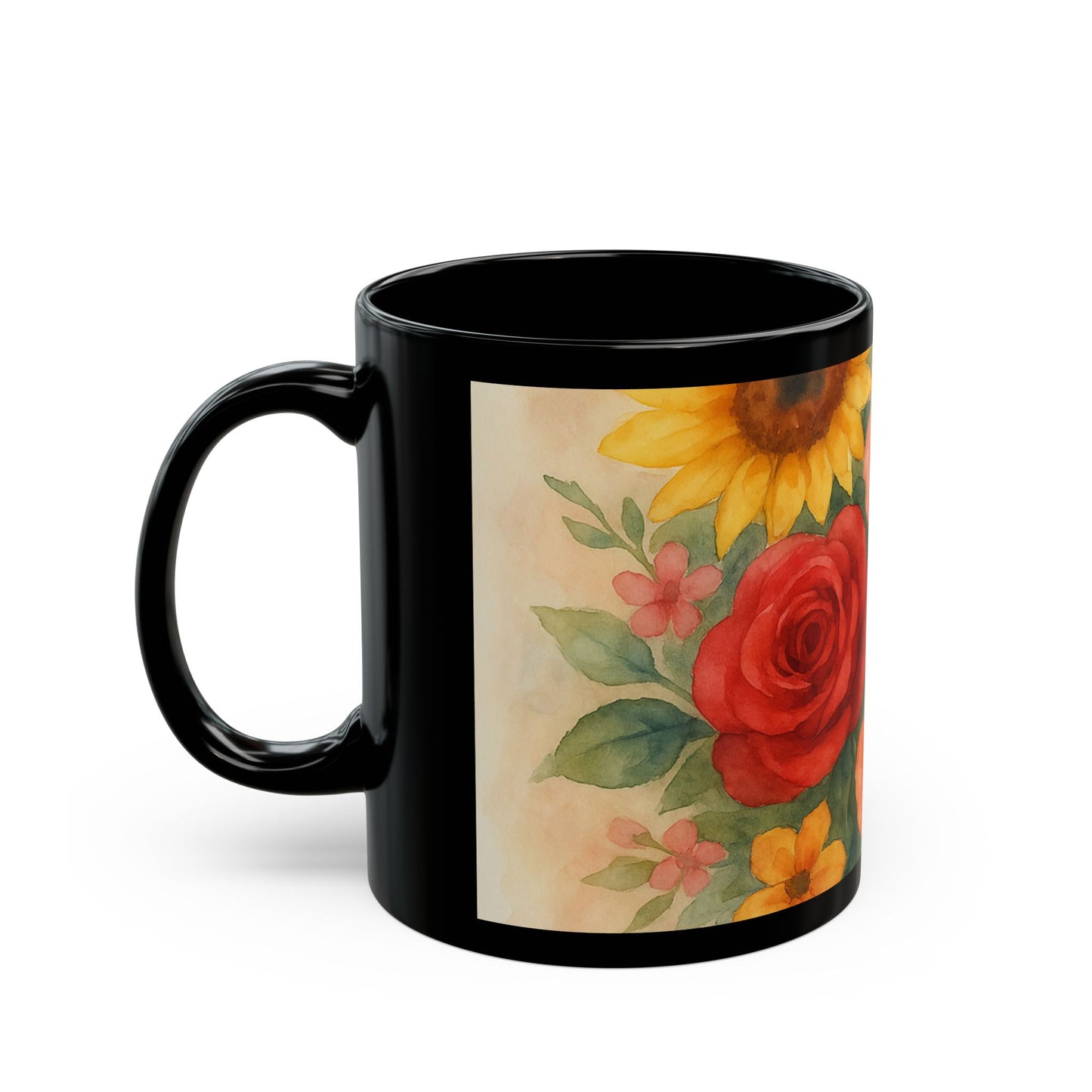 Floral Black Mug - Vibrant Flower Design Coffee Cup, Gift for Garden Lovers, Tea Mug, Spring Birthday Gift, Home Decor