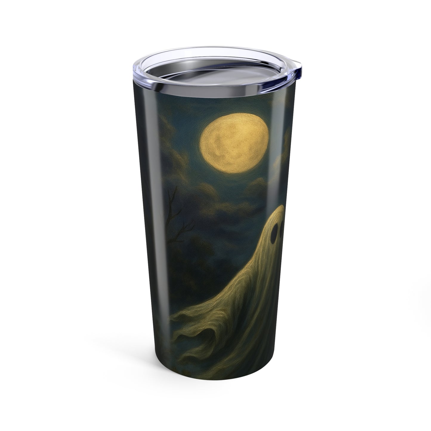 Tumbler with a design of a ghost and moon on a white background
