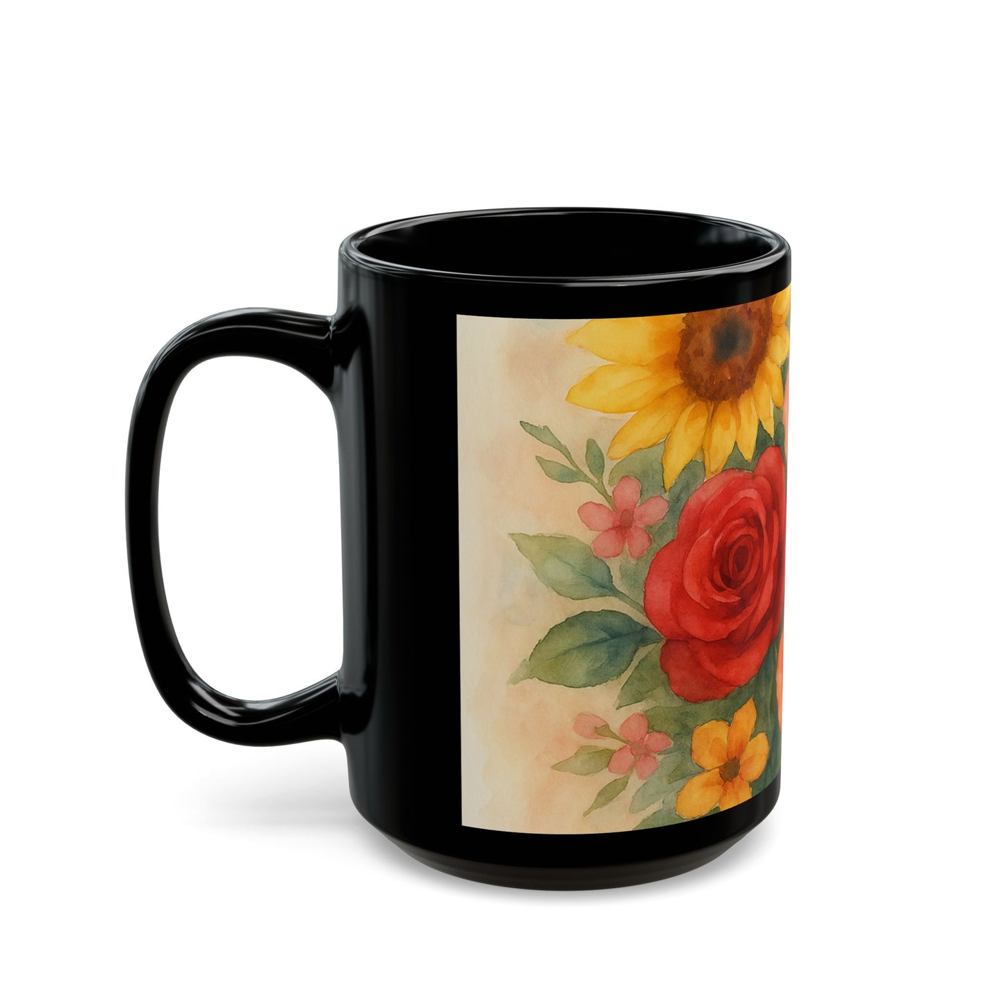 Floral Black Mug - Vibrant Flower Design Coffee Cup, Gift for Garden Lovers, Tea Mug, Spring Birthday Gift, Home Decor