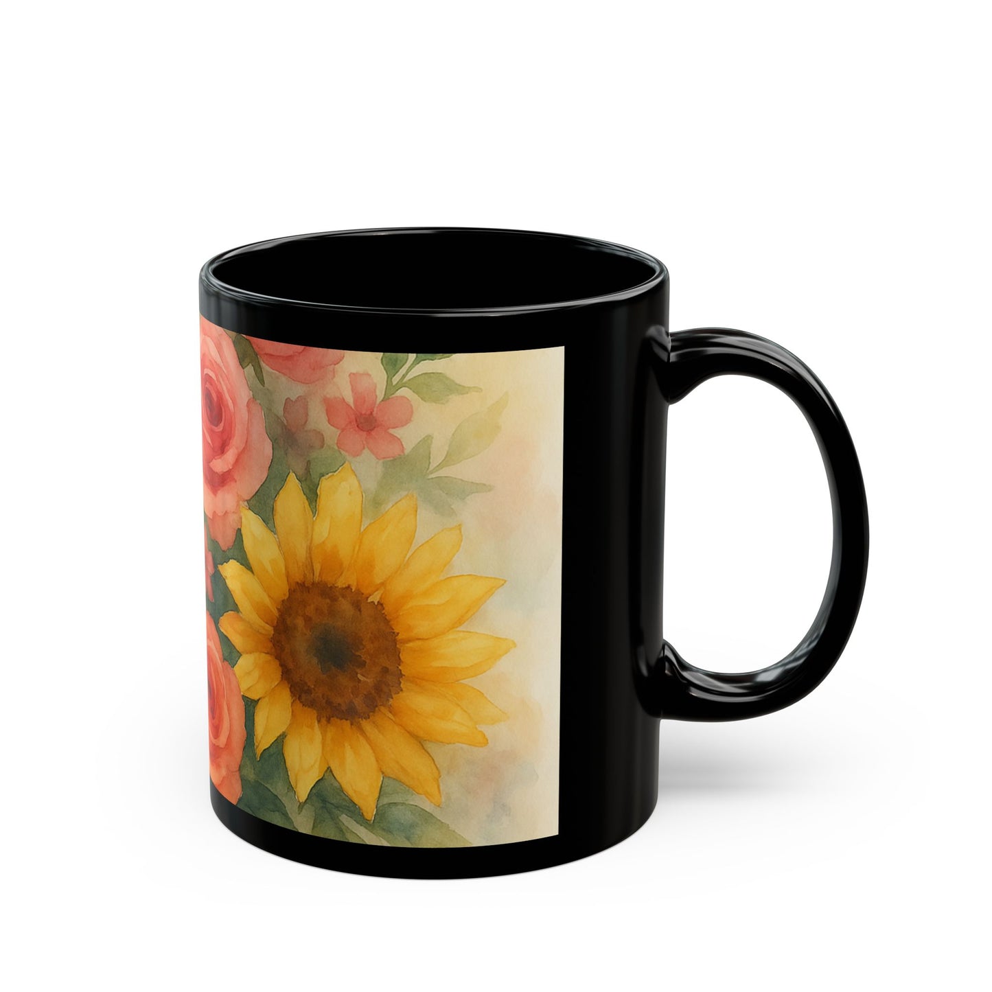 Floral Black Mug - Vibrant Flower Design Coffee Cup, Gift for Garden Lovers, Tea Mug, Spring Birthday Gift, Home Decor