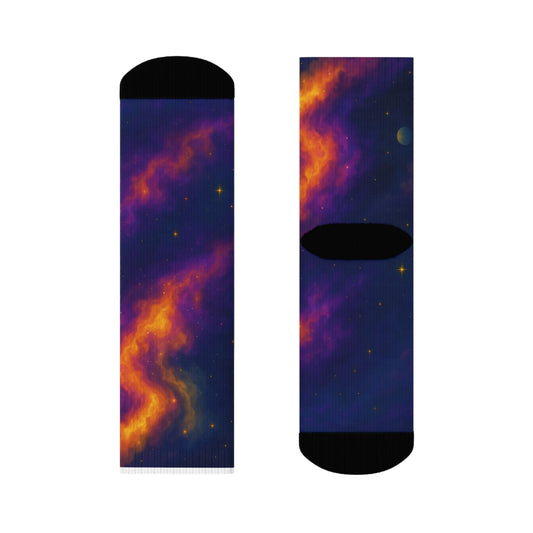 Pair of socks with galaxy design on a white background