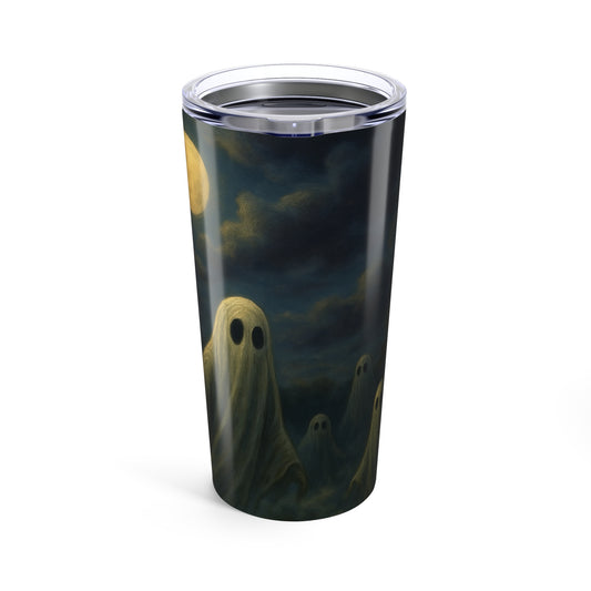 Tumbler with ghost design under a moonlit sky on a white background