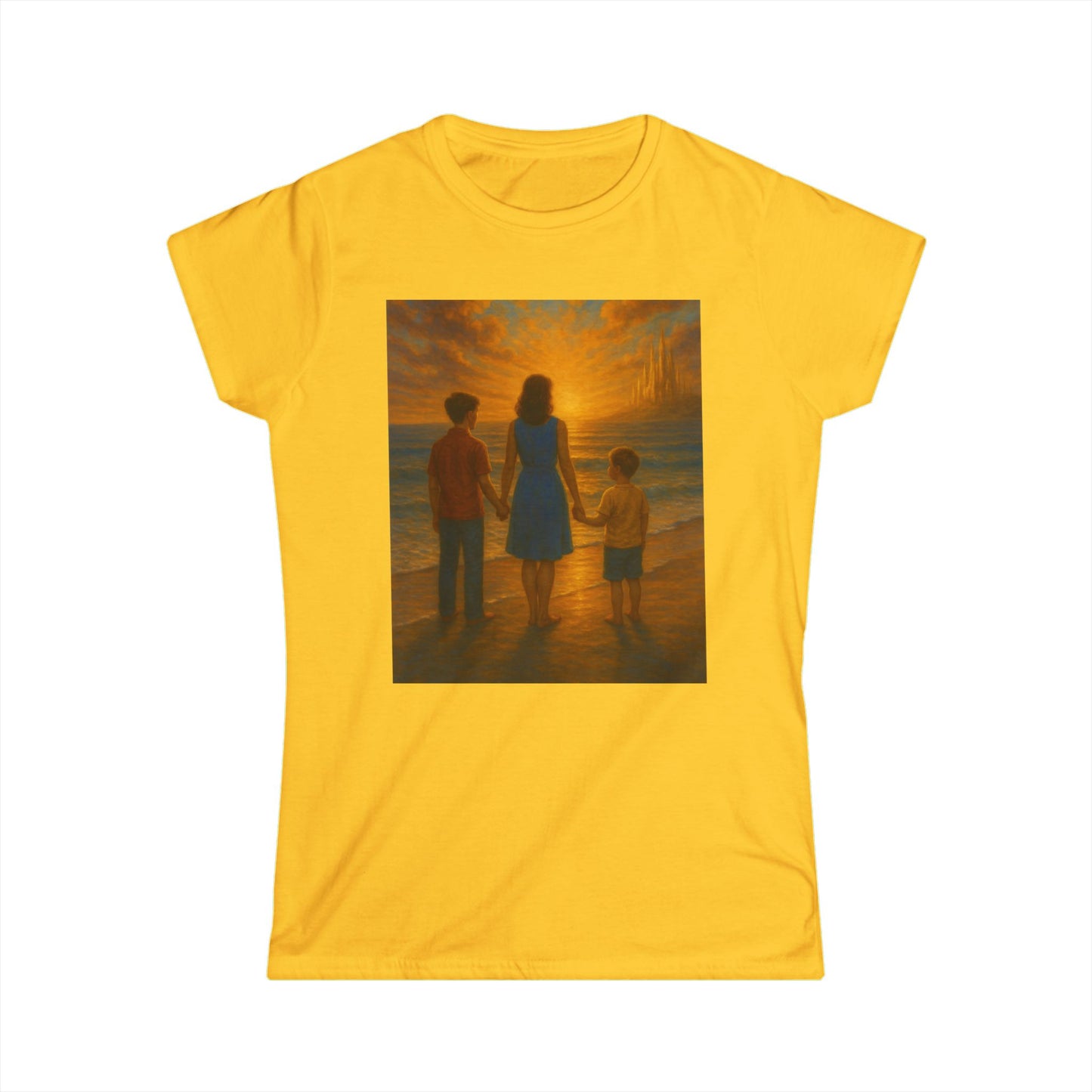 Sunset Family Bonding Women's Softstyle Tee, Nostalgic Shirt for Moms, Perfect for Beach Days, Family Gatherings, & Gifts